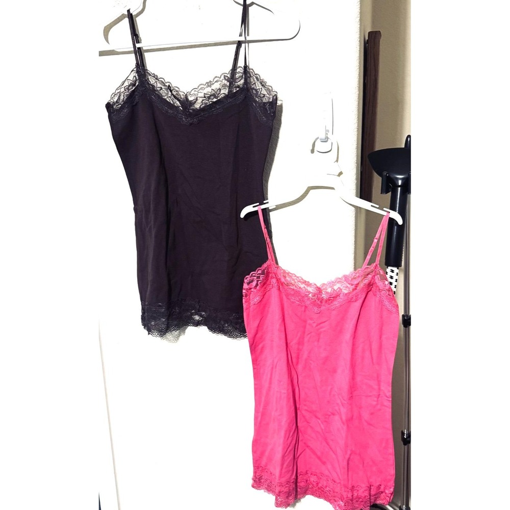 Rosio USA Lace Trim Camisole Tank Top Set Black Pink Y2K Coquette Medium 2pk